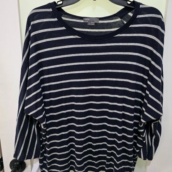 VINCE Striped 3/4 Sleeve Tee Navy Gray Soft Lightweight Knit Top Women’s Large - Picture 1 of 7